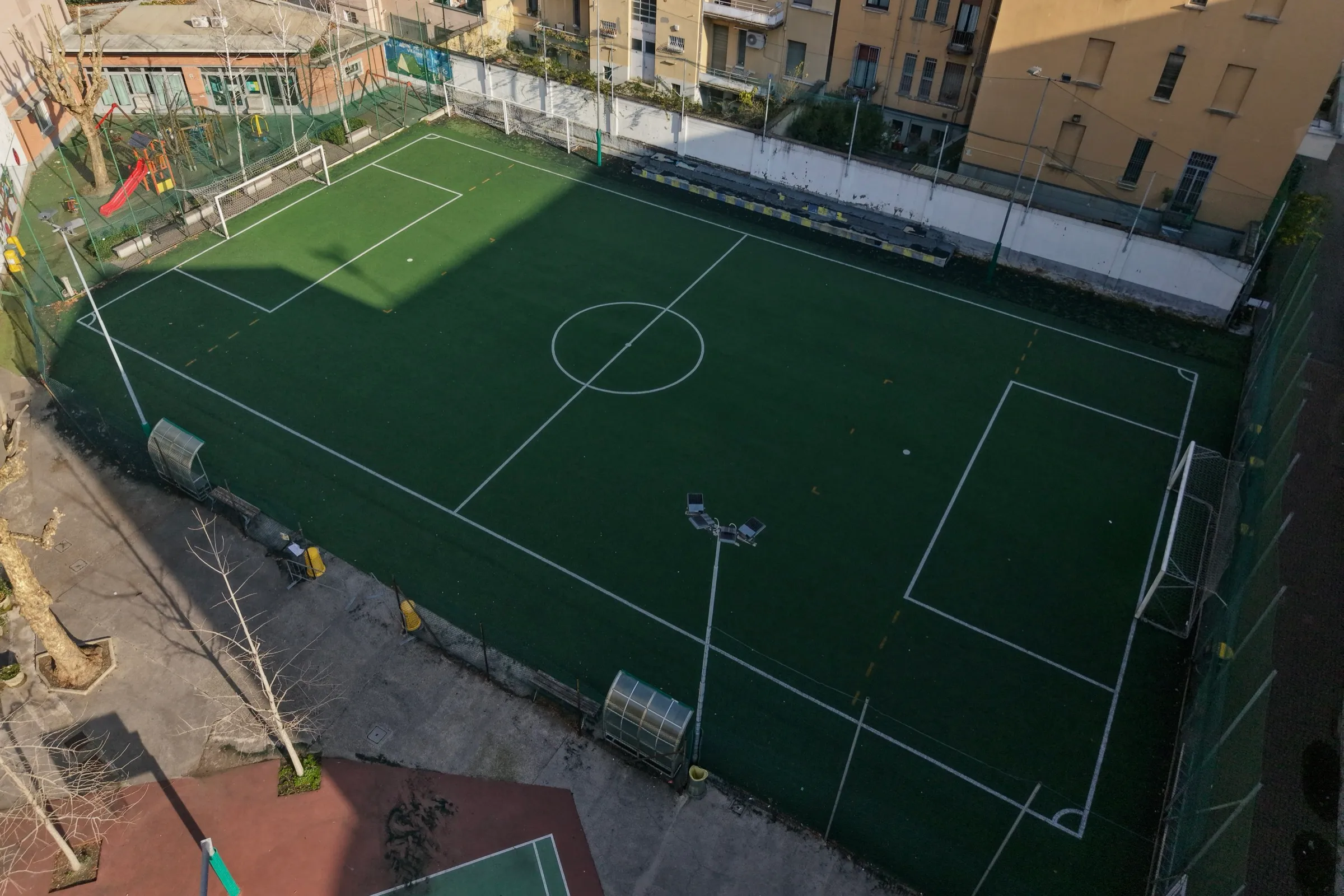 7-a-side synthetic turf football pitch at the university residence seen from above